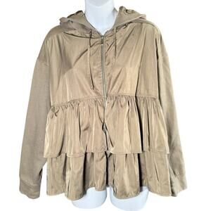 Zara Satin Ruffle Zip Up‎ Jacket Hoodie Olive Green Babydoll Size M